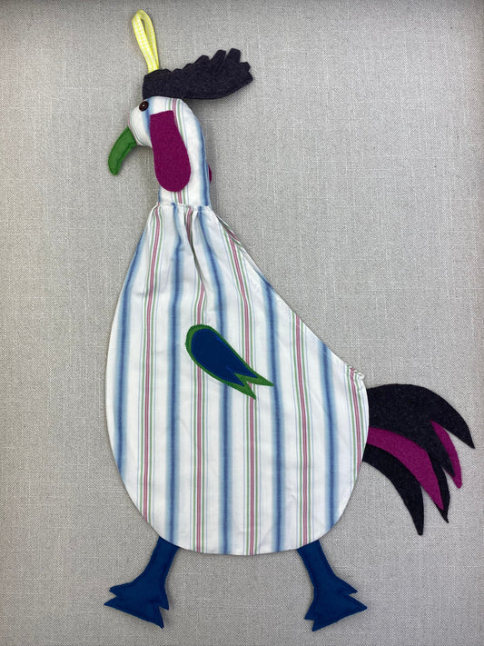 Blue, green & red stripe on white with grey, green, pink & blue