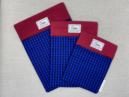 Blue & navy check with red top