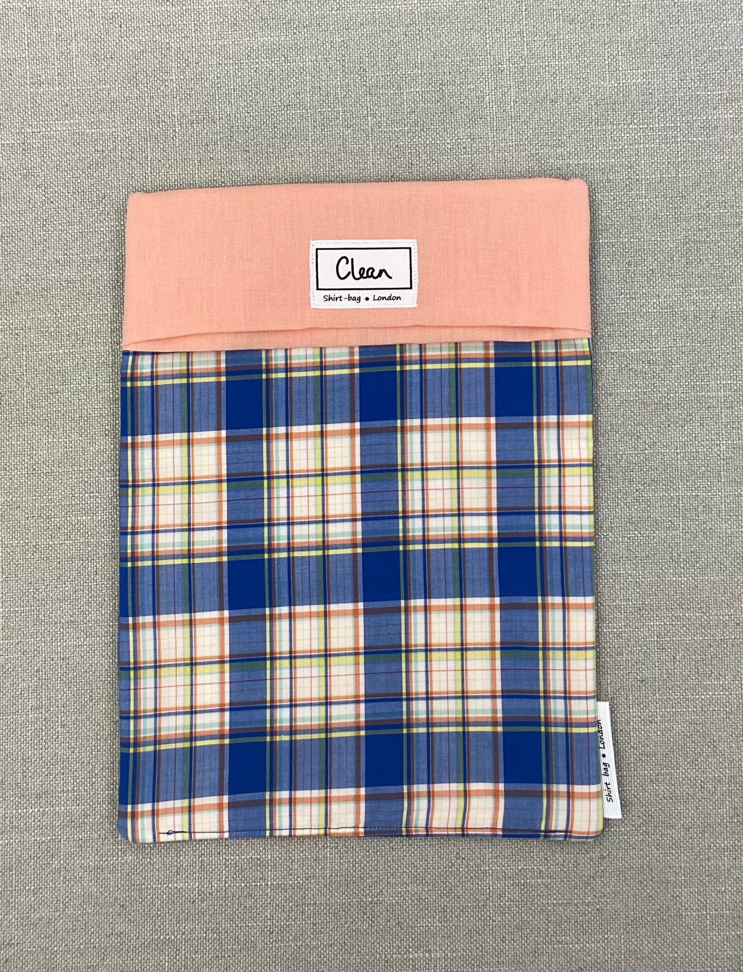 Blue & orange check on white with peach top - large