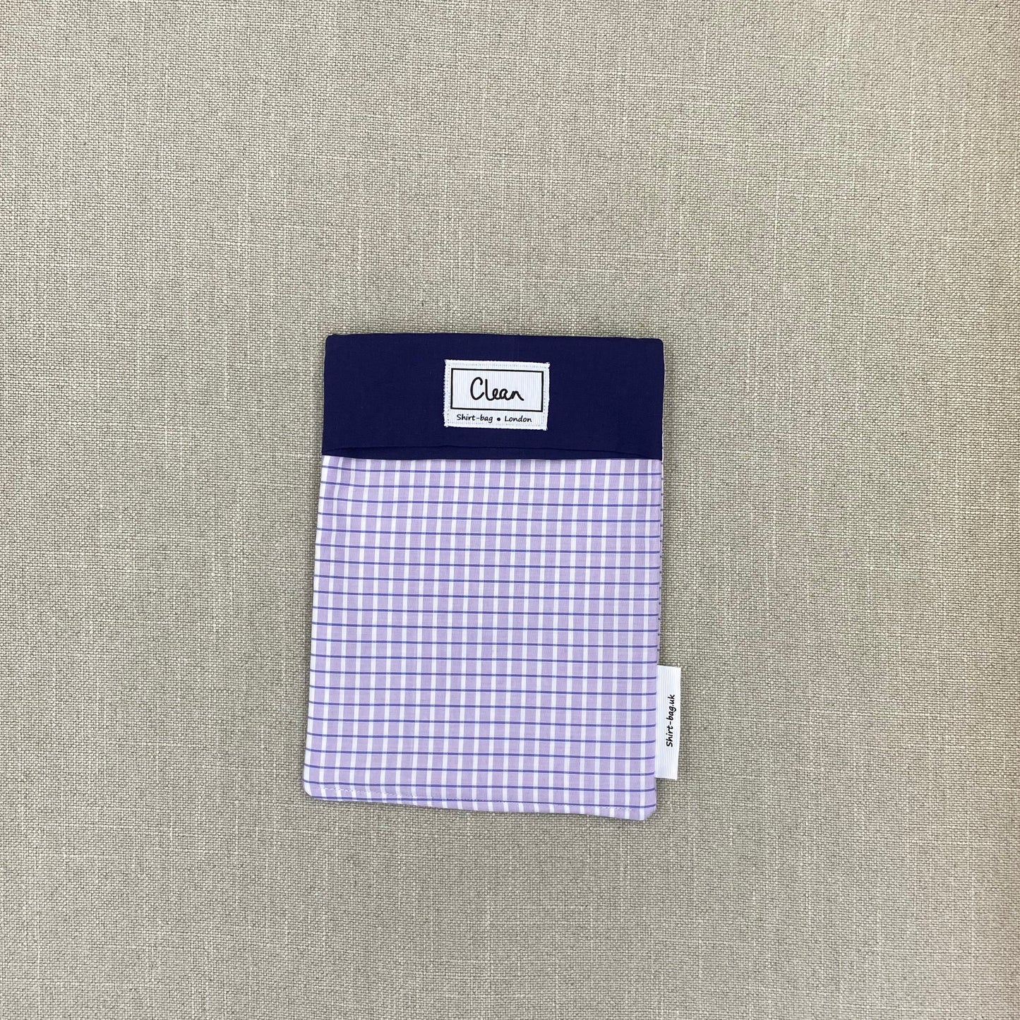Blue & white fine check on  lilac with navy top