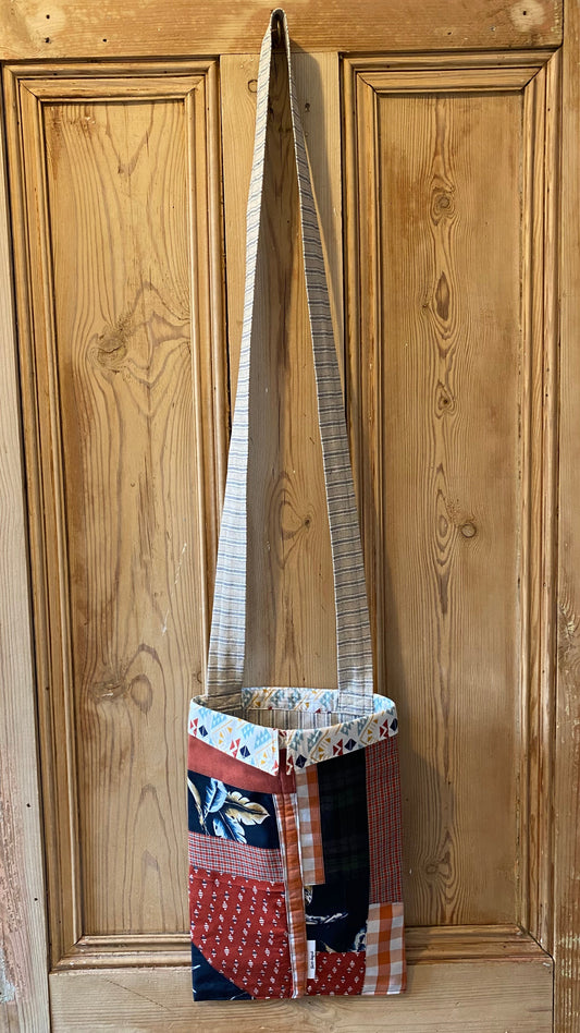 Peg bag - Brown & blue with aztec shape collar