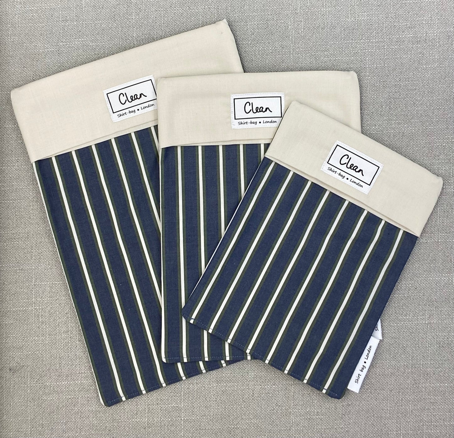 Cream & olive stripe on blue with cream