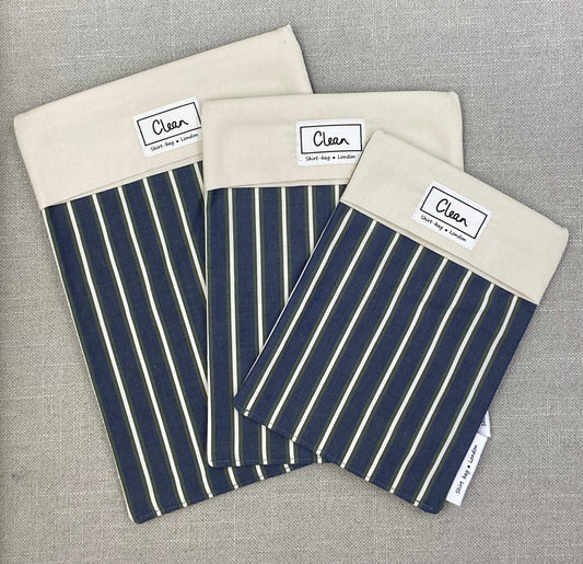 Cream & olive stripe on blue with cream