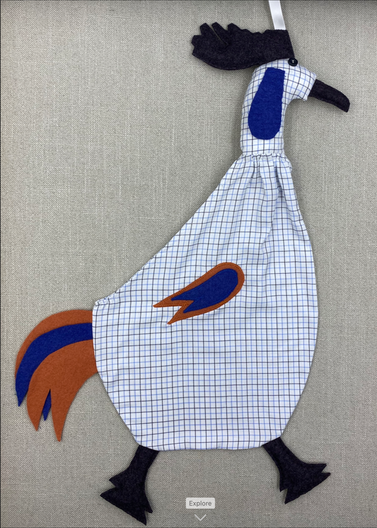 Grey & blue check on white with dark grey, orange & blue