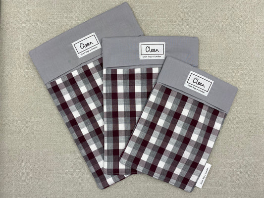 Grey, maroon & white check with grey top