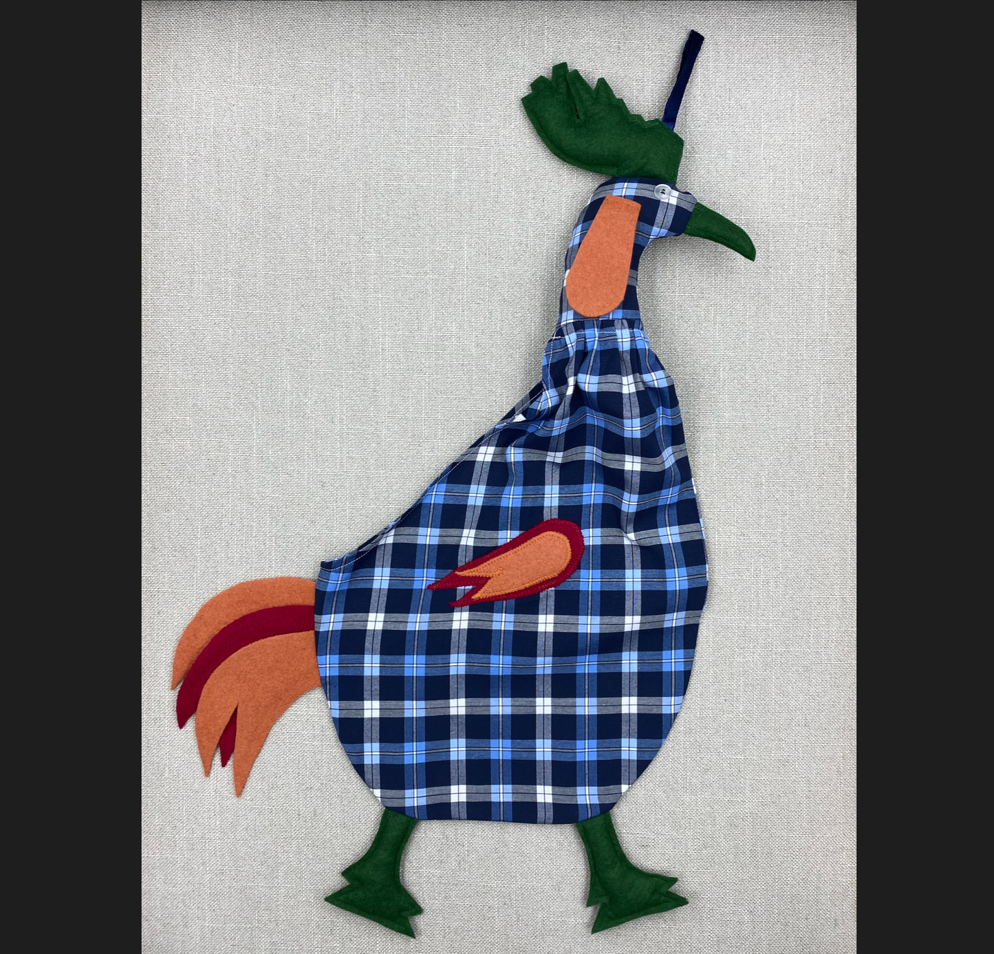 Navy, blue & white check with orange, red & green