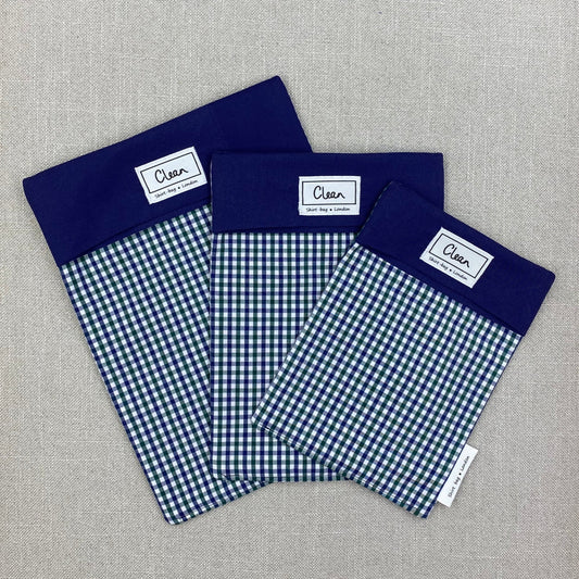 Navy, green & white check with navy top