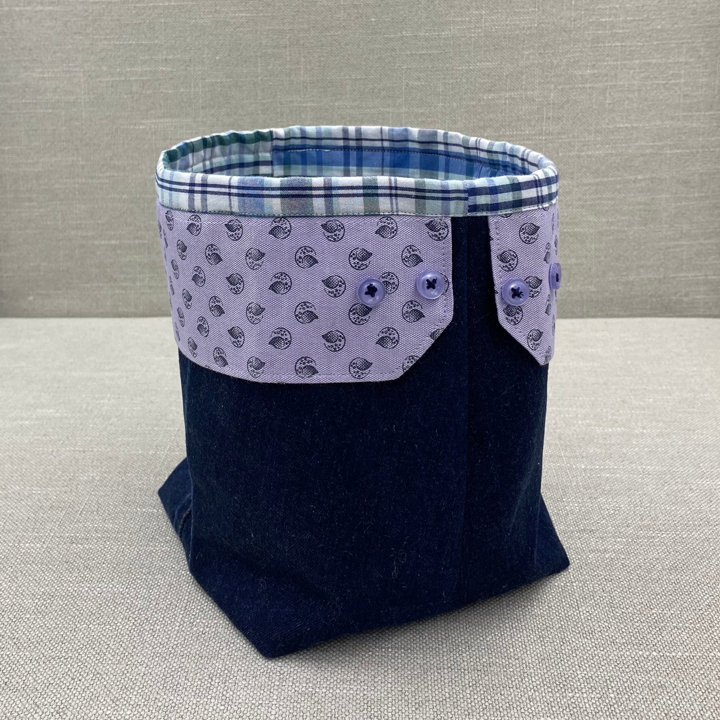 Storage bag - Navy & green white tartan with black motif on lilac cuffs - large