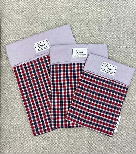 Navy, red & white check with lilac top