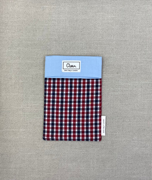 Navy, red & white check with pale blue top - small