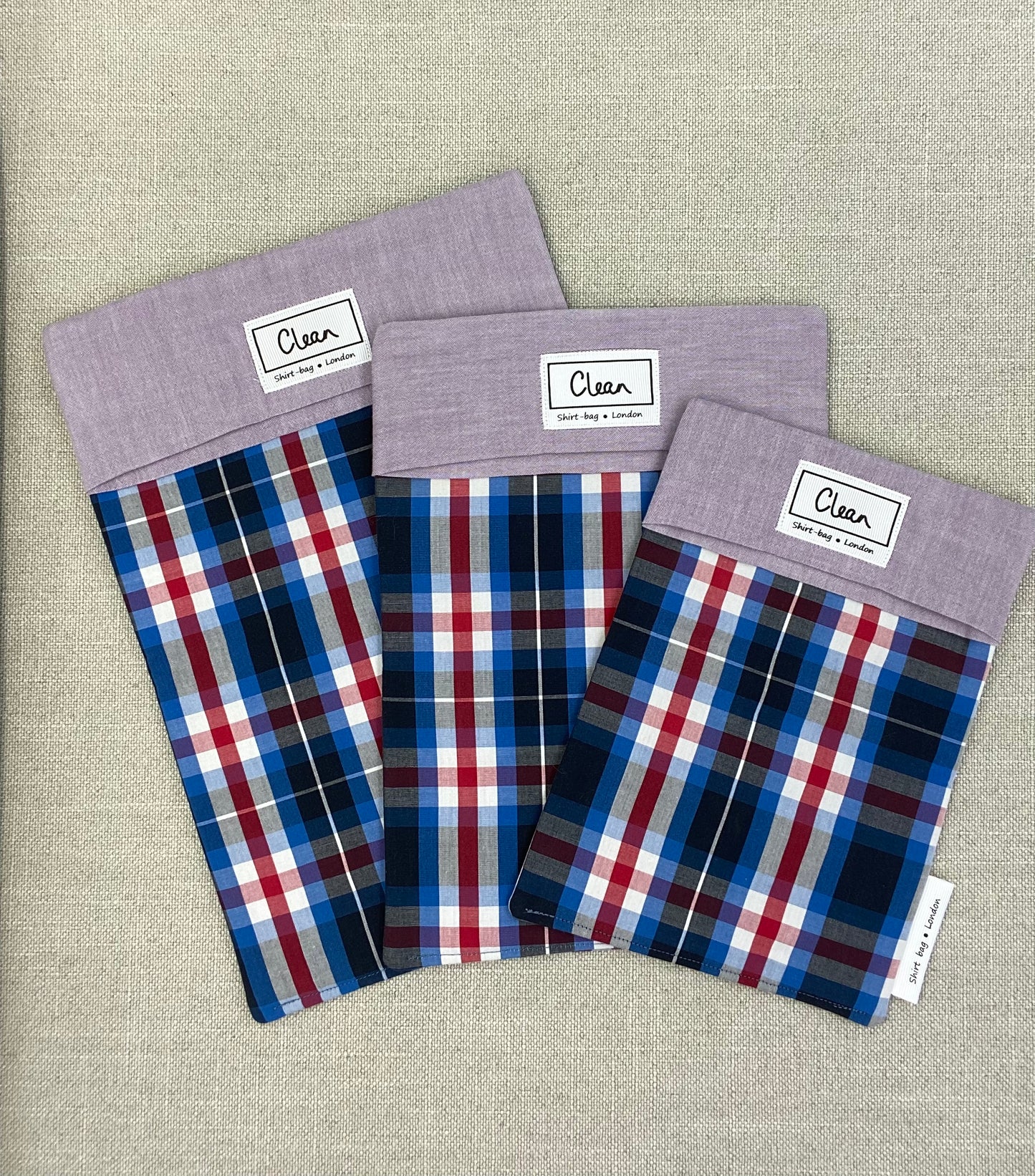 Navy, white & red check  with purple top