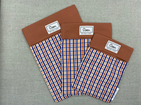 Orange, blue & white check with terracotta top