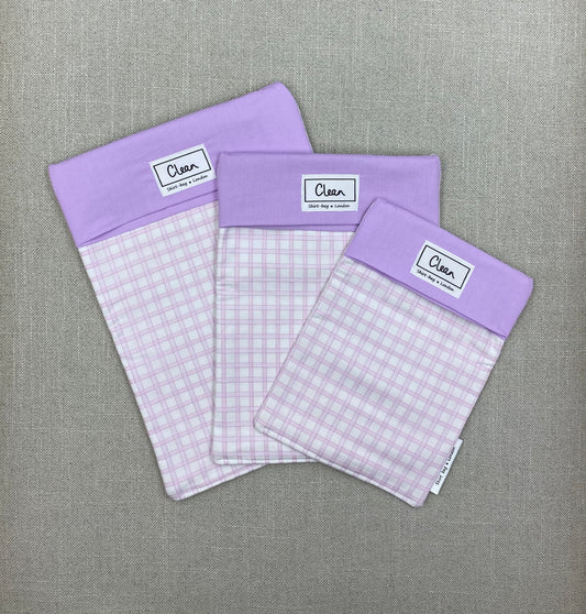 Pink lattice on white with purple top