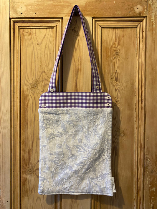 Purple & white check cuff with grey flower pattern