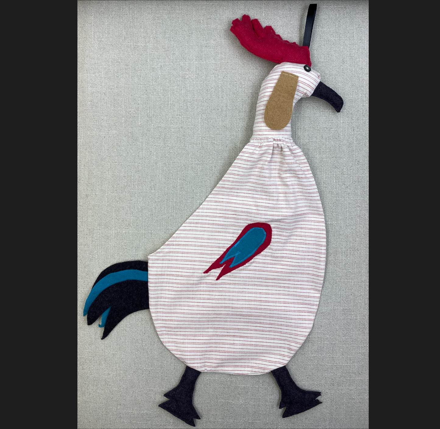 Red stripe on white with red, beige blue & grey