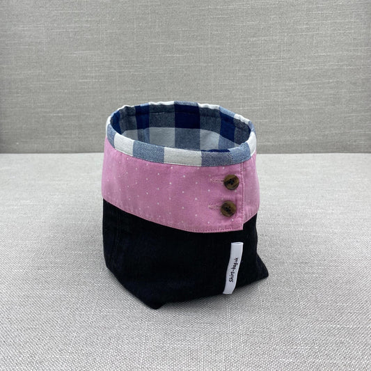 Storage bag - Black with blue & white check with pink cuffs - medium