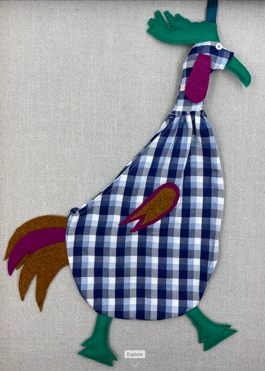 Blue & white check with green, cerise & gold