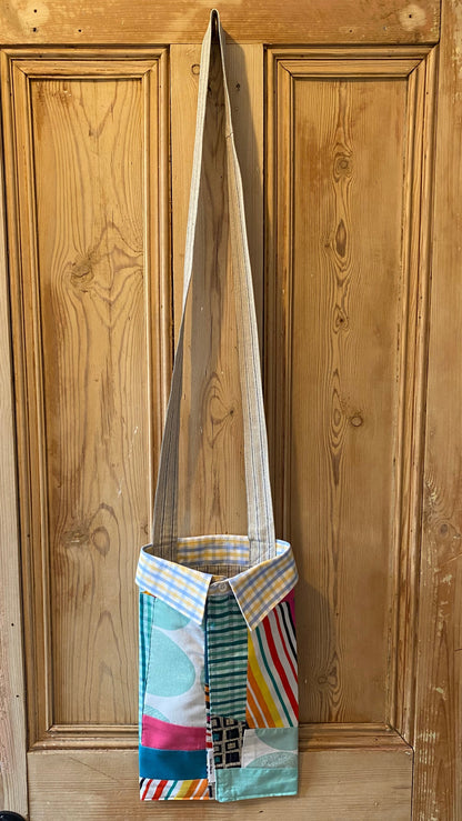 Peg bag - Green, white & pink with yellow & blue collar