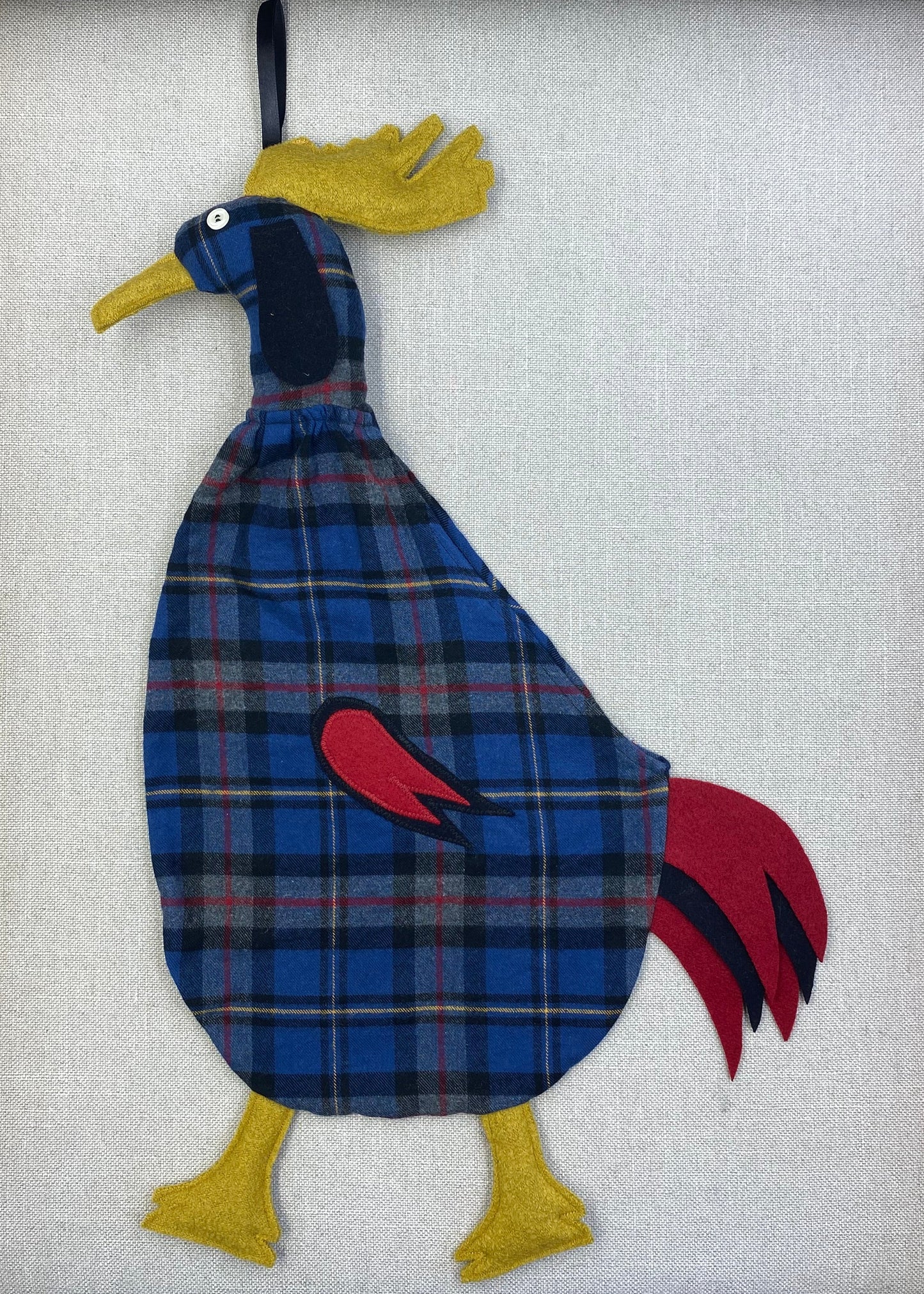 Grey, blue & black tartan with red, black & yellow