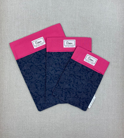 Grey paisley on navy with cerise top