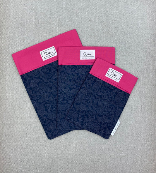 Grey paisley on navy with cerise top