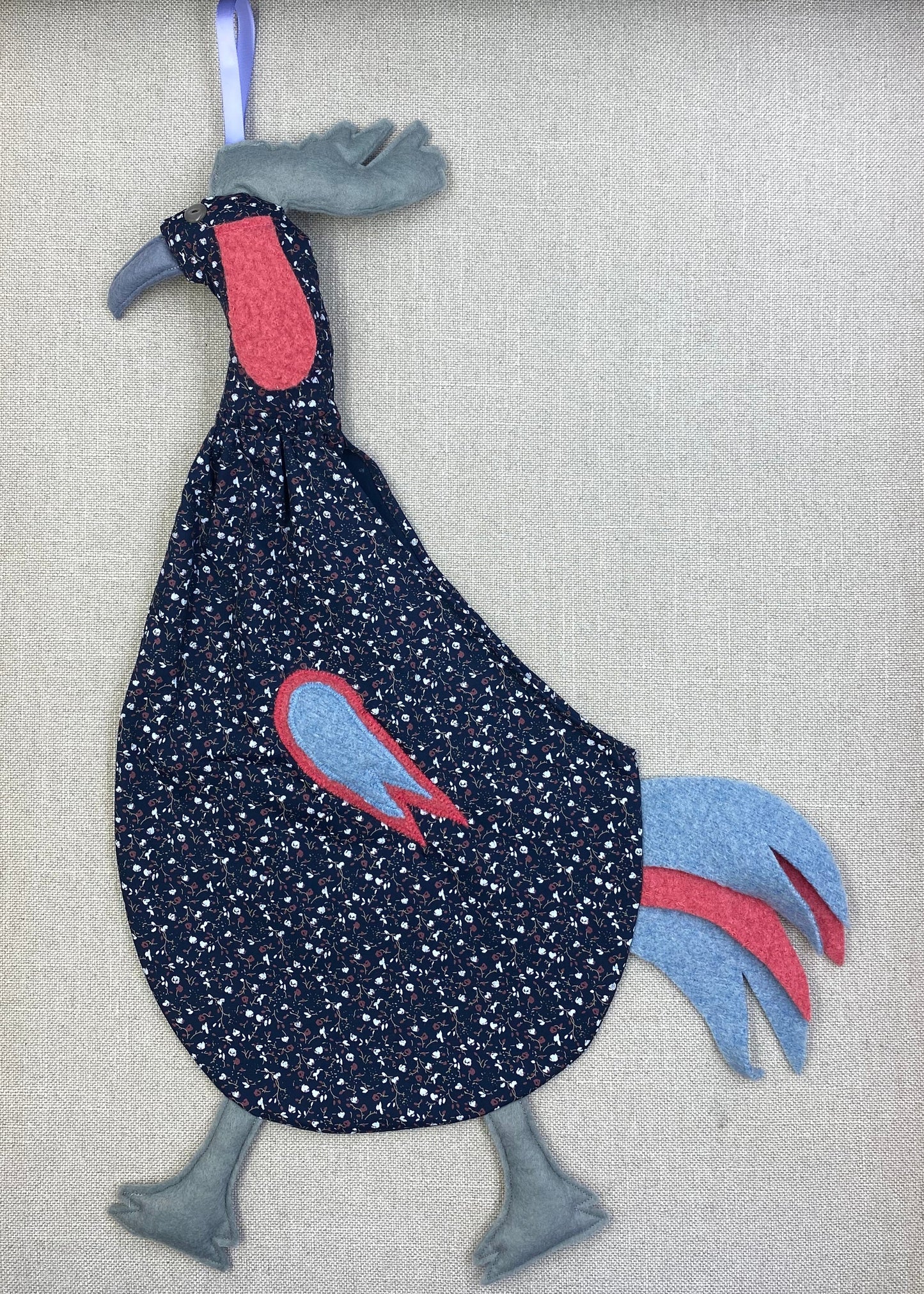 Grey & red flowers on navy with pale blue, pink & grey