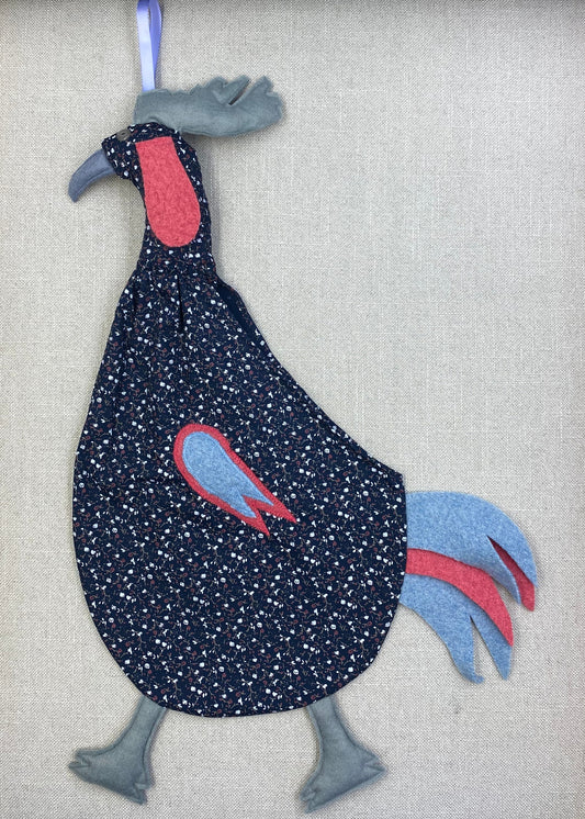 Grey & red flowers on navy with pale blue, pink & grey