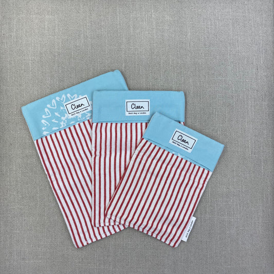 Red & white stripe with aqua & white snowflake top