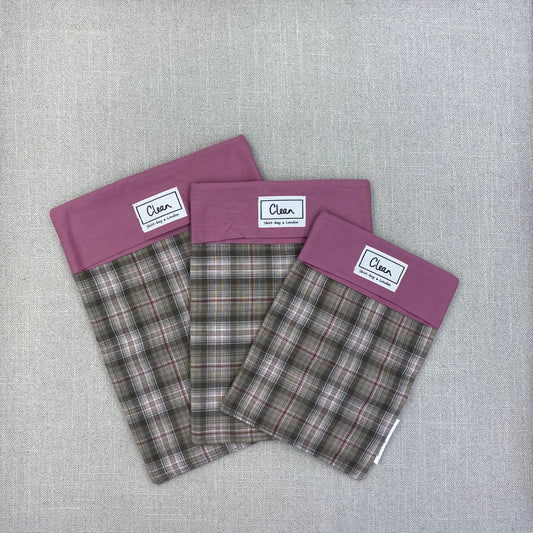 Sage & red tartan on beige with damson top