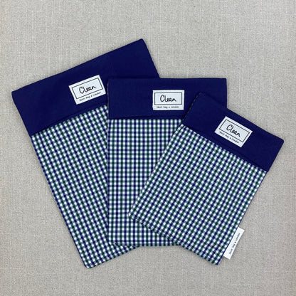 Navy, green & white check with navy top