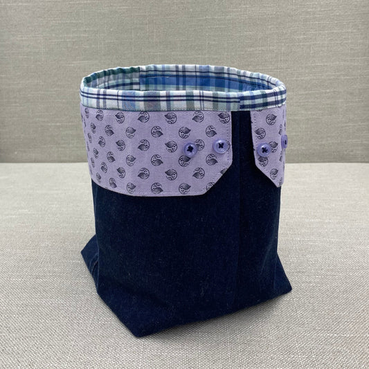 Storage bag - Navy & green white tartan with black motif on lilac cuffs - large