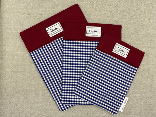 Navy & white check with dark red top