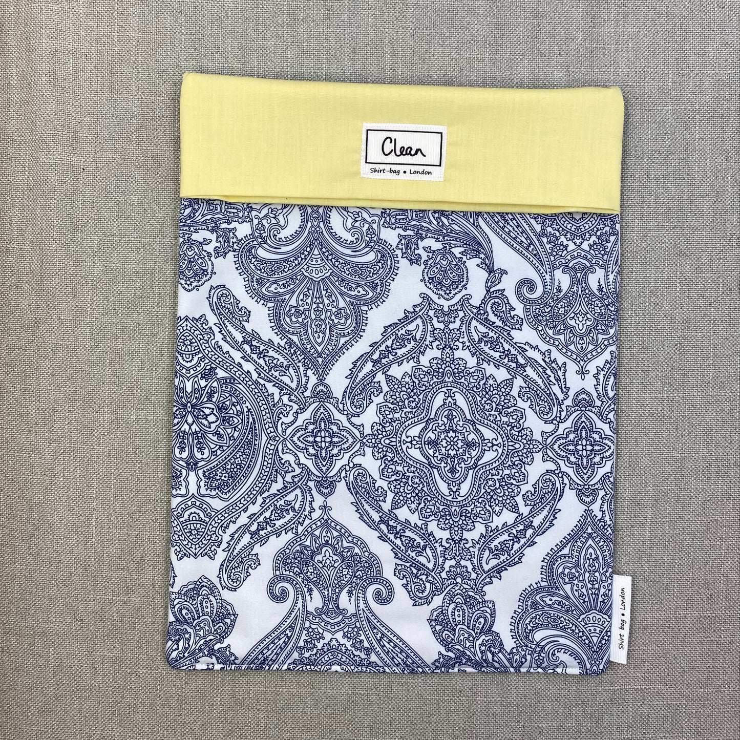 Navy paisley on white with yellow top - X large