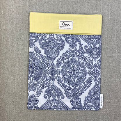 Navy paisley on white with yellow top - X large