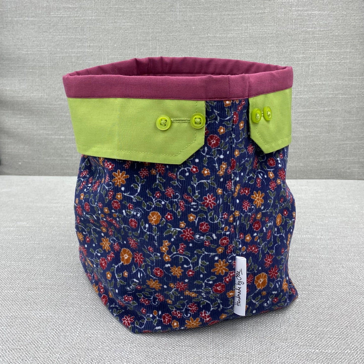 Storage bag - Orange & red flowers on navy with green cuffs - X large