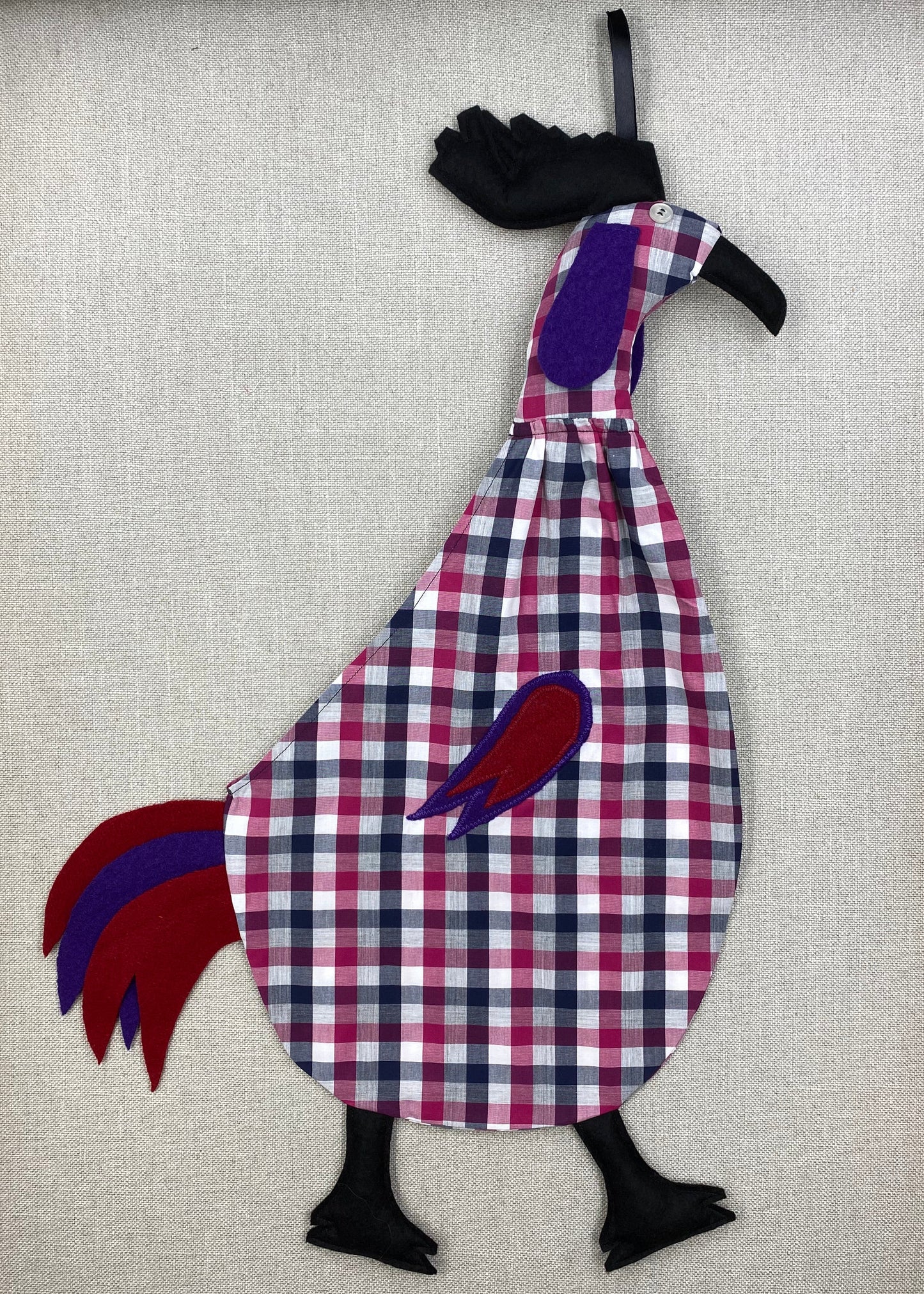 Pink, grey & white check with black, red & purple