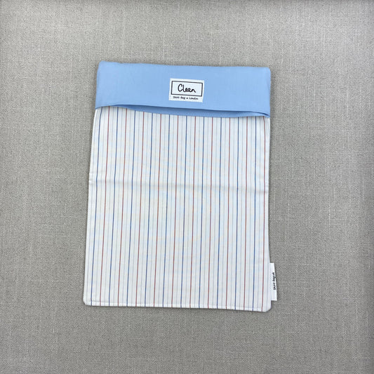Red & blue pinstripe vertical on white with pale blue top - X large