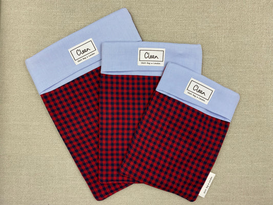 Red & navy check with blue top
